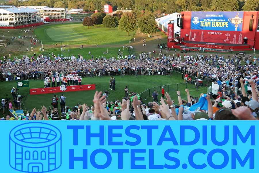 Golf course with grandstands prepared for a Ryder Cup-style event