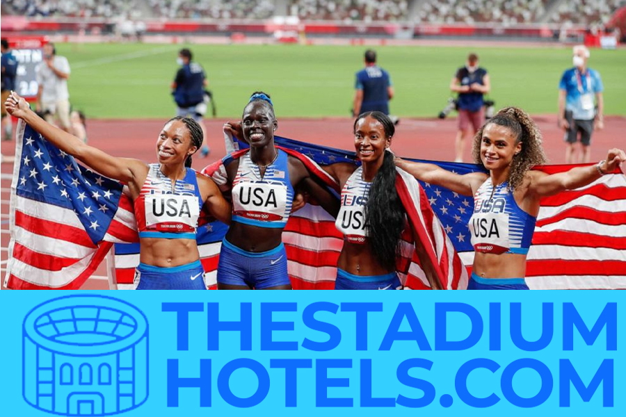 Olympic stadium and city at sunset